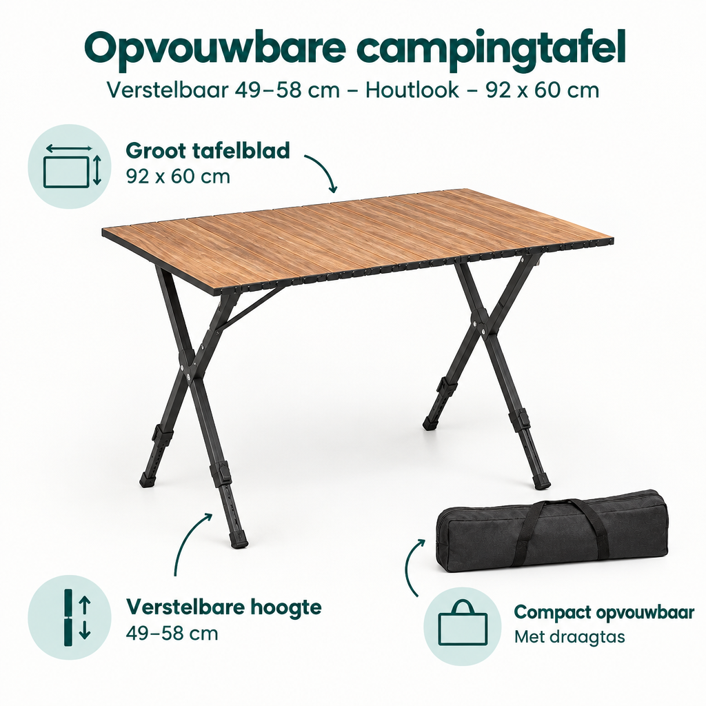 BukkitBow opvouwbare campingtafel met houtlook, verstelbaar in hoogte van 49 tot 58 cm, 92 x 60 cm, geschikt voor outdoor gebruik
