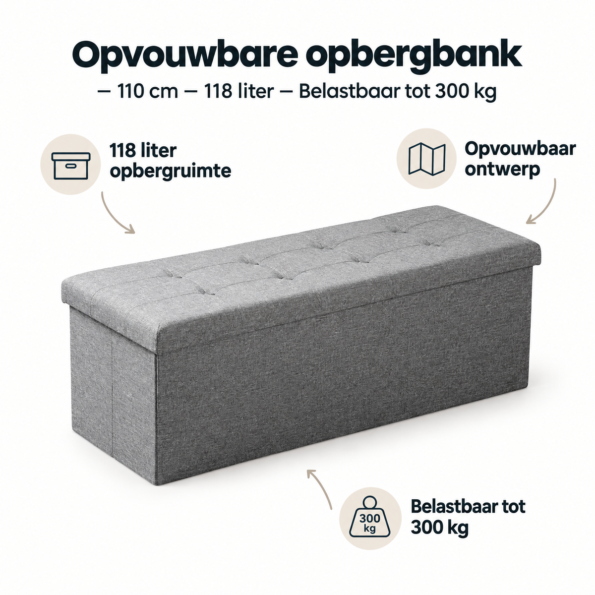 BukkitBow opvouwbare opbergbank van 110 cm met 118 liter inhoud en 300 kg draagvermogen, geschikt voor opslag en zitplezier