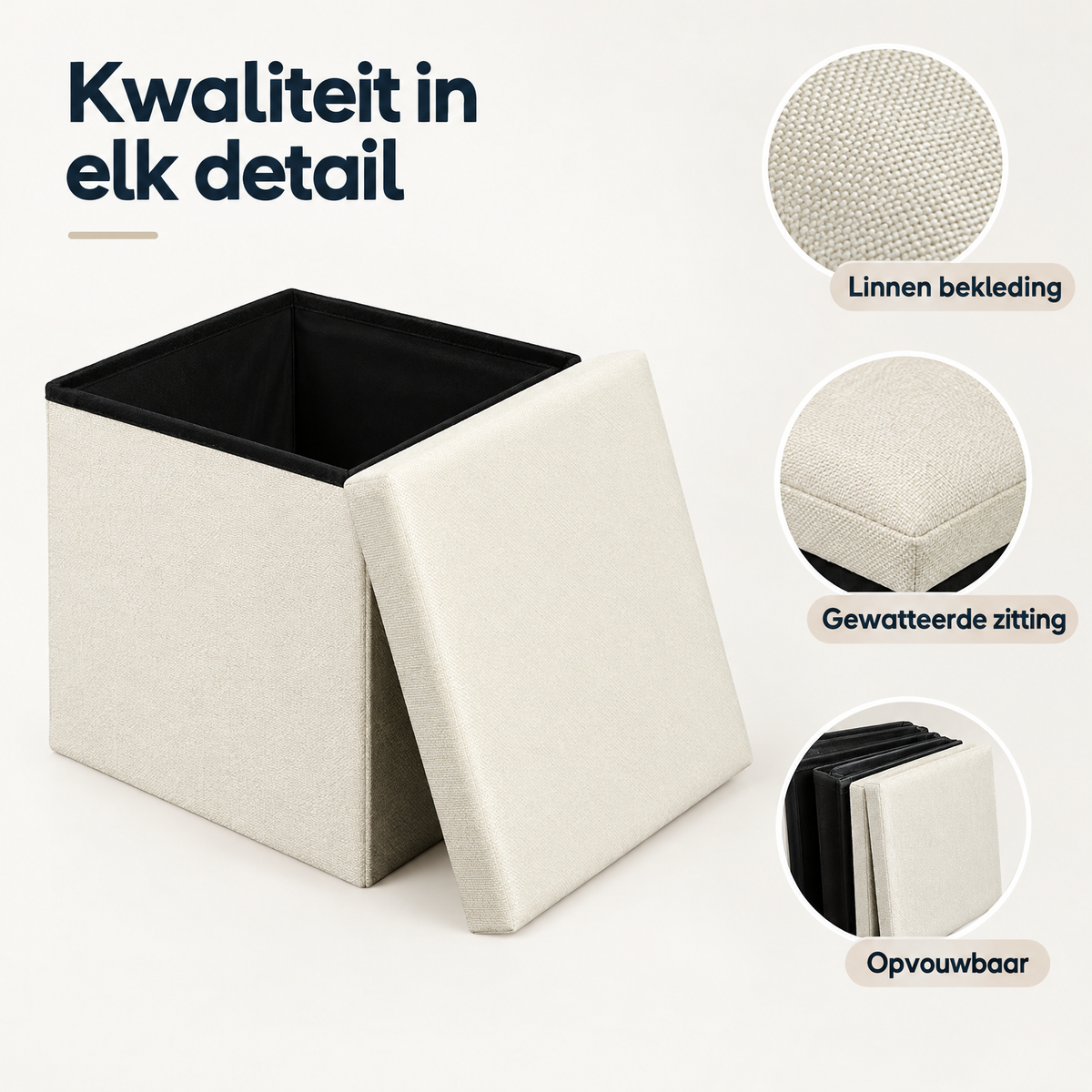 Detail van materiaal en afwerking van opvouwbare opbergpoef