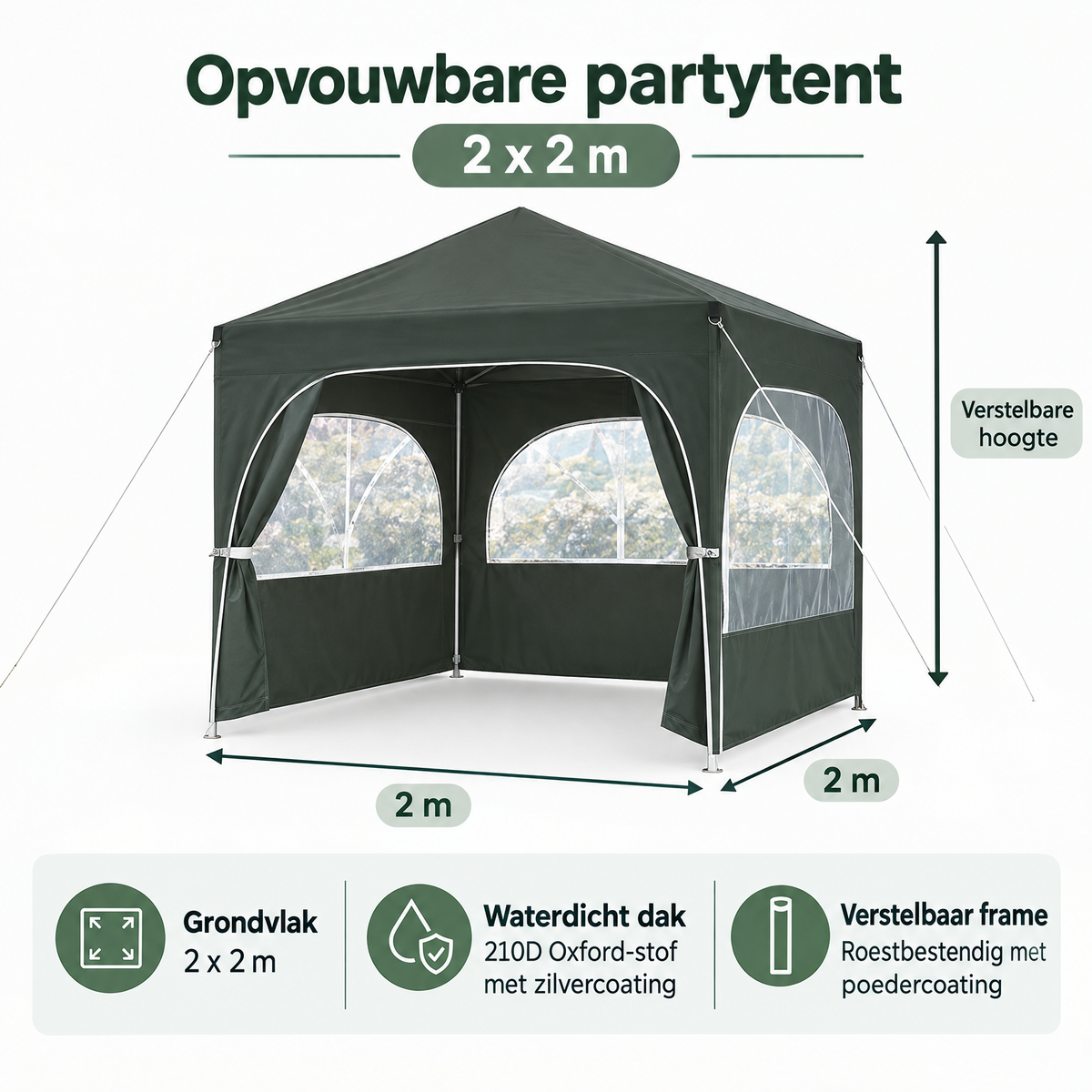 Afmetingen en productspecificaties van opvouwbare partytent 2x2