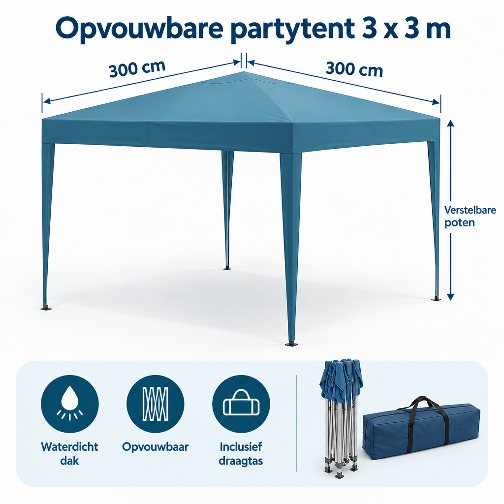 Afmetingen en productspecificaties van opvouwbare partytent 3x3