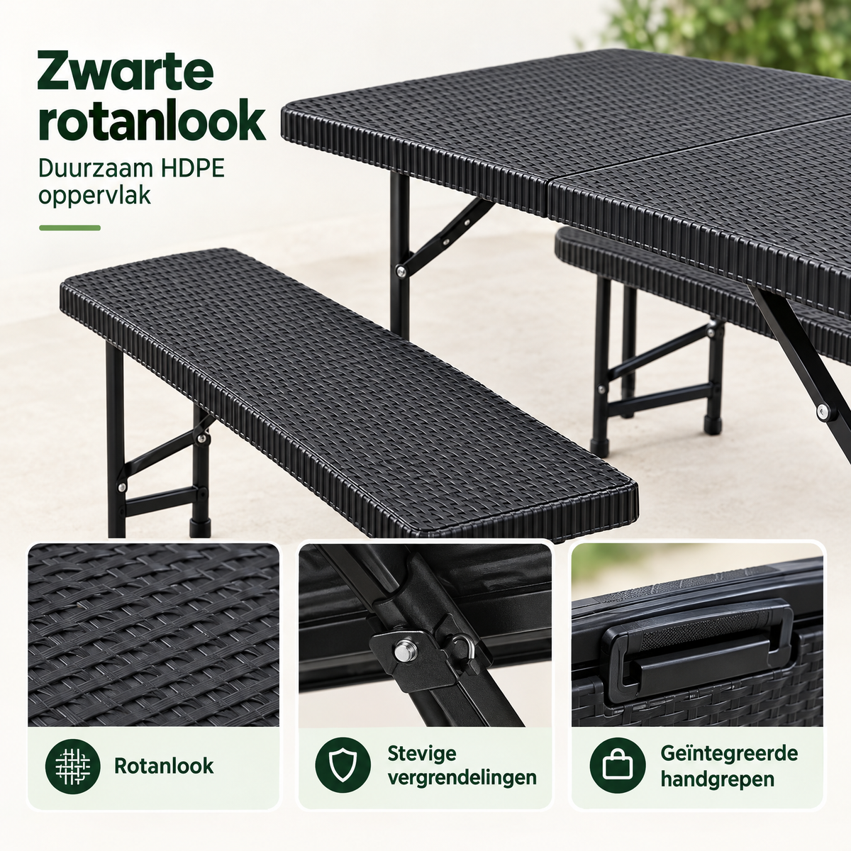 Opvouwbare picknickset van BukkitBow, 3-delig, zwart rotanlook, inclusief tafel en stoelen, 180 cm, geschikt voor buitengebruik