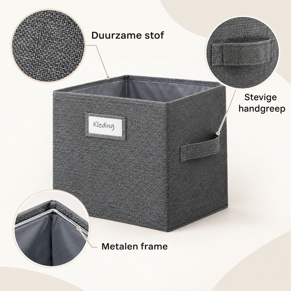 Set van 3 of 5 grijze stoffen opbergboxen van BukkitBow met labelvenster, opvouwbaar en geschikt voor organisatie.