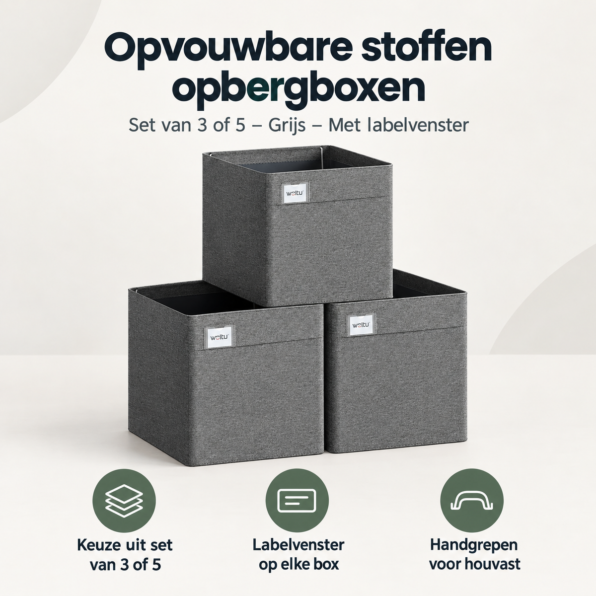 Set van 3 of 5 grijze stoffen opbergboxen van BukkitBow met labelvenster, opvouwbaar en ideaal voor organiseren van spullen.