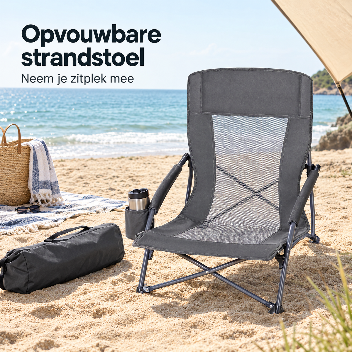 Opvouwbare BukkitBow strandstoel met bekerhouder en draagtas, lichtgewicht van 2,7 kg, geschikt voor strand en buitengebruik