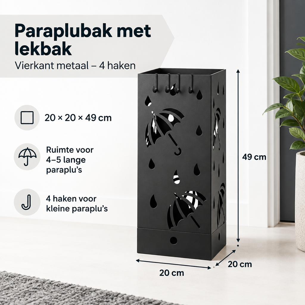 Afmetingen en productspecificaties van paraplubak met lekbak