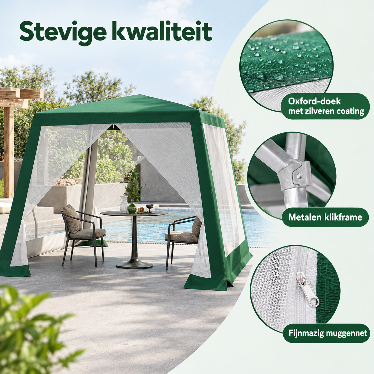 Detail van materiaal en afwerking van partytent 3x3 met muggennet
