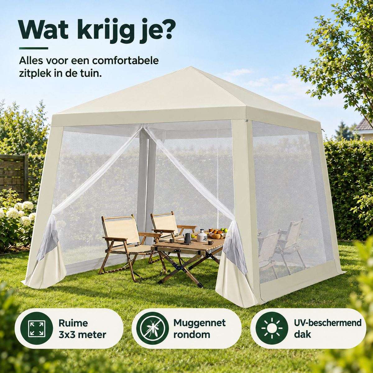 Praktische toepassing en keuzehulp voor partytent 3x3 met muggennet