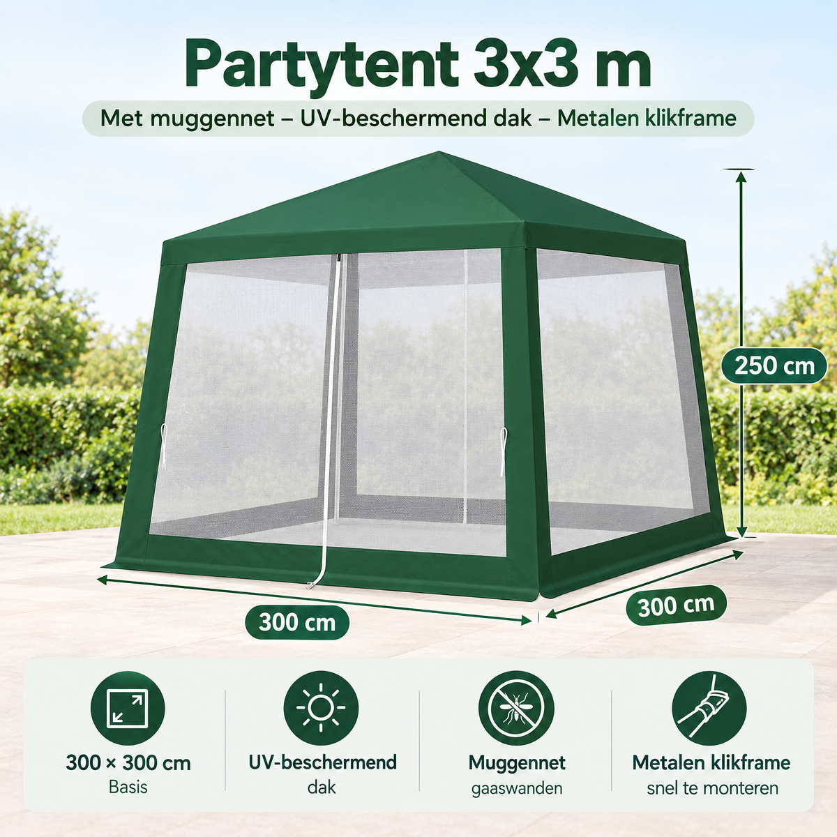 Afmetingen en productspecificaties van partytent 3x3 met muggennet