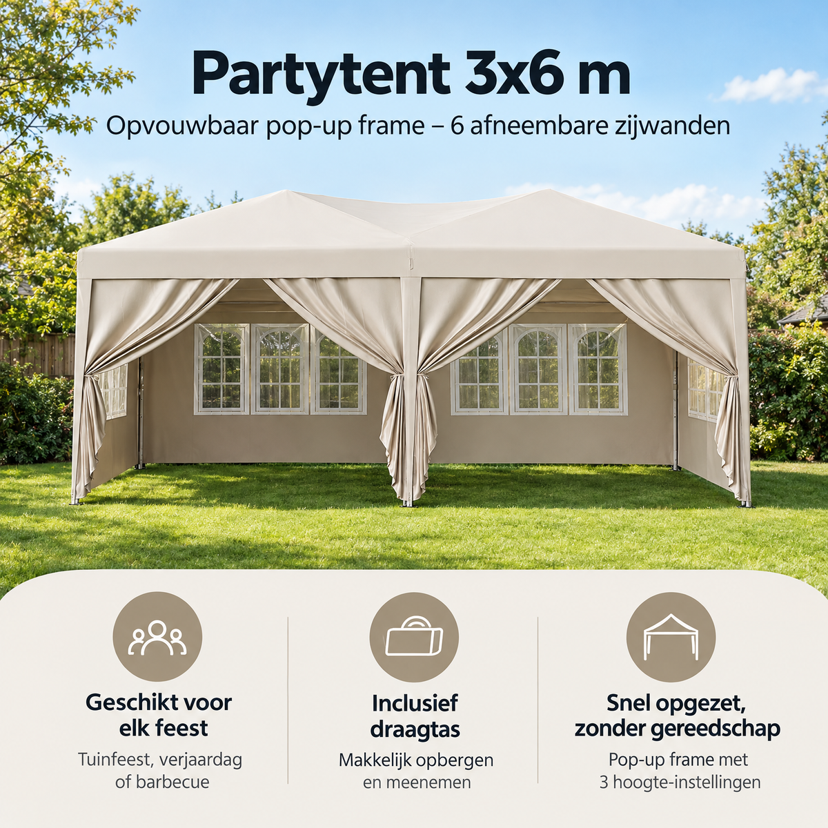 Praktische toepassing en keuzehulp voor partytent 3x6