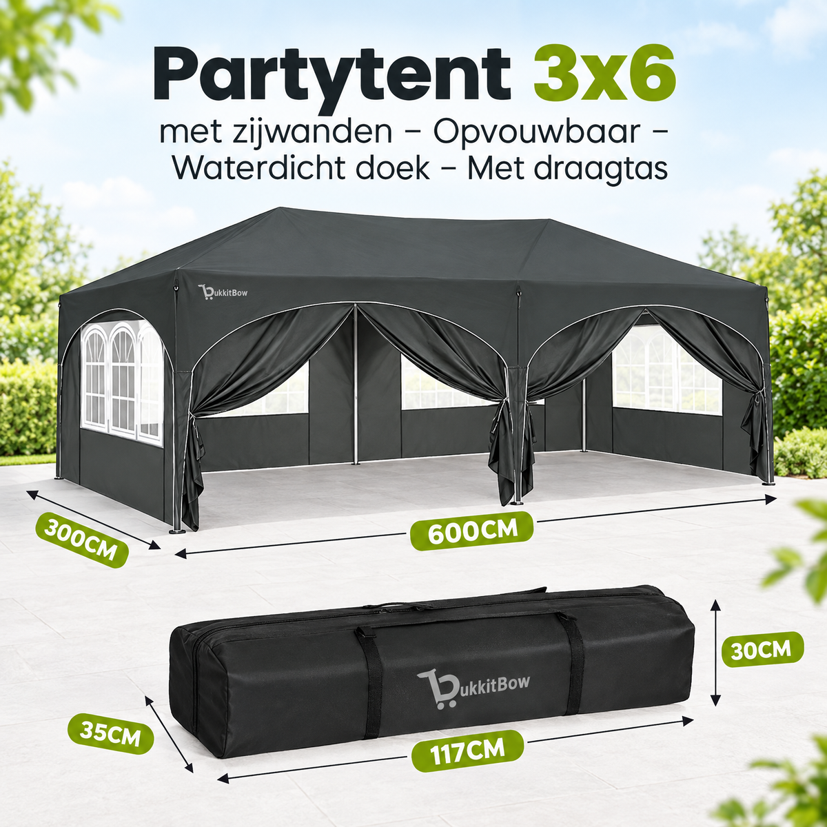 Afmetingen en productspecificaties van partytent 3x6 met zijwanden