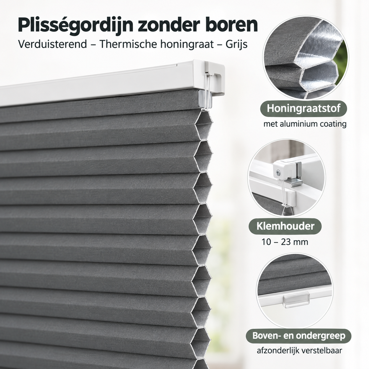 Grijs verduisterend plisségordijn zonder boren van BukkitBow met thermische honingraatstructuur, geschikt voor raamdecoratie