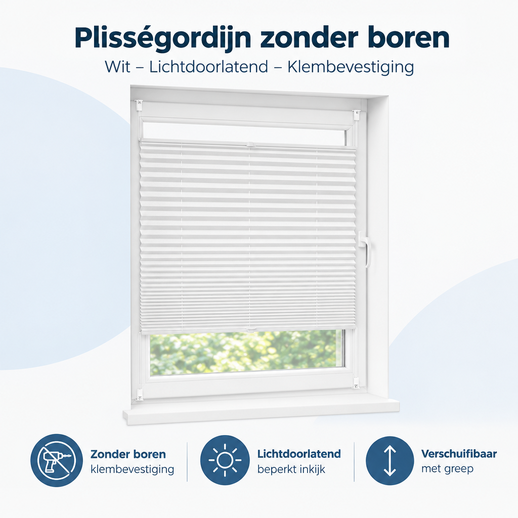 Overzicht van plisségordijn zonder boren met de belangrijkste productvoordelen