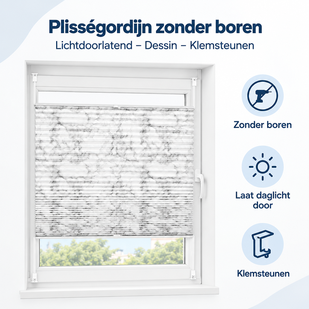 Overzicht van plisségordijn zonder boren met de belangrijkste productvoordelen