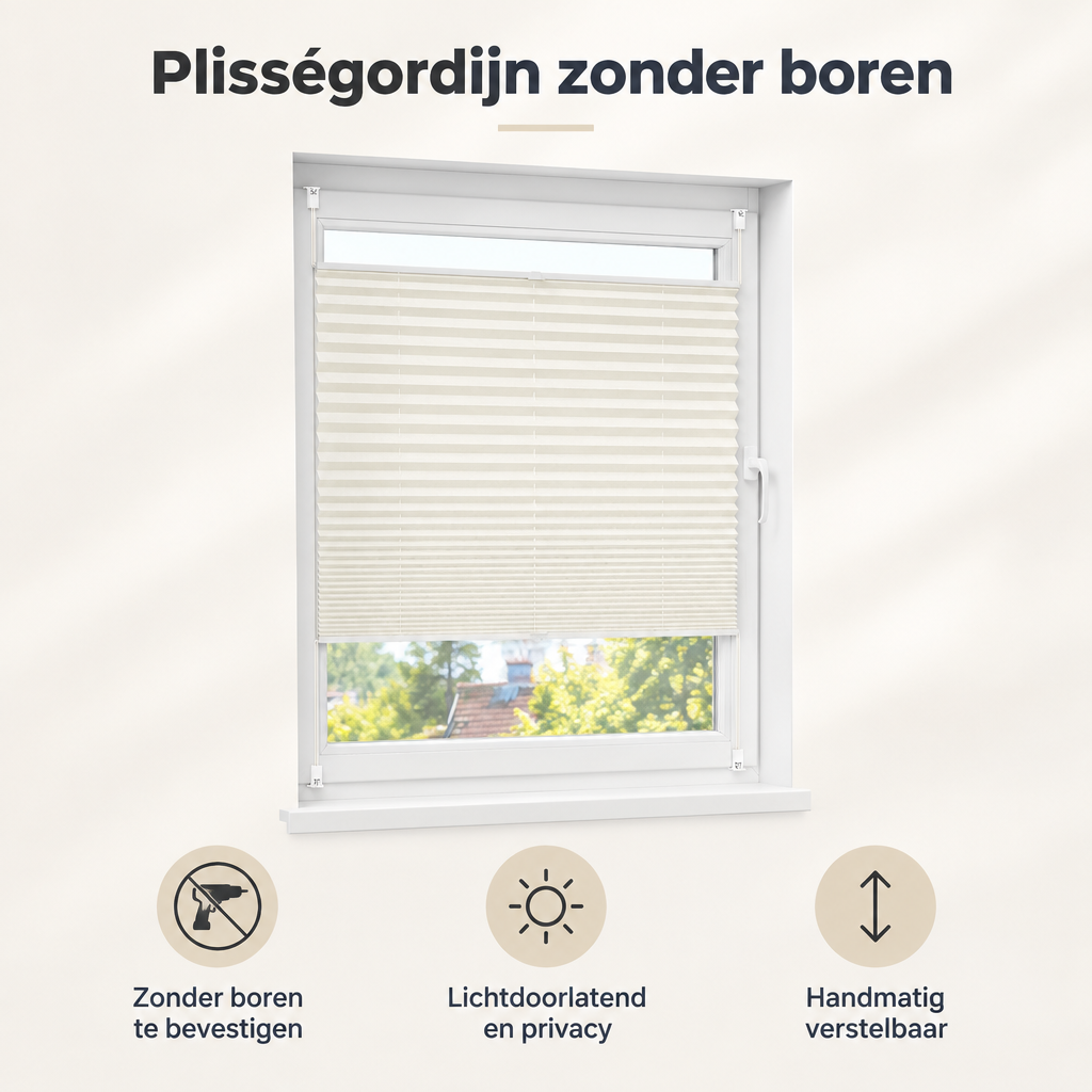 Overzicht van plisségordijn zonder boren met de belangrijkste productvoordelen
