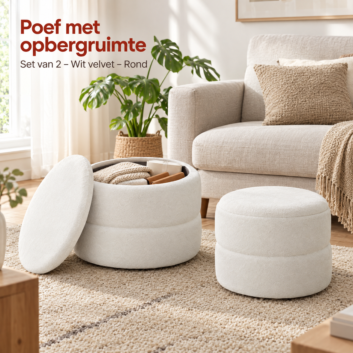 Set van 2 ronde witte velvet opbergpoefs met opbergruimte, geschikt voor woonkamer of slaapkamer, door BukkitBow.