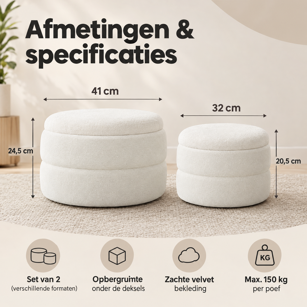 Set van 2 witte velvet ronde opbergpoefen met opbergruimte van BukkitBow, zachte stoffen en praktische opslag.