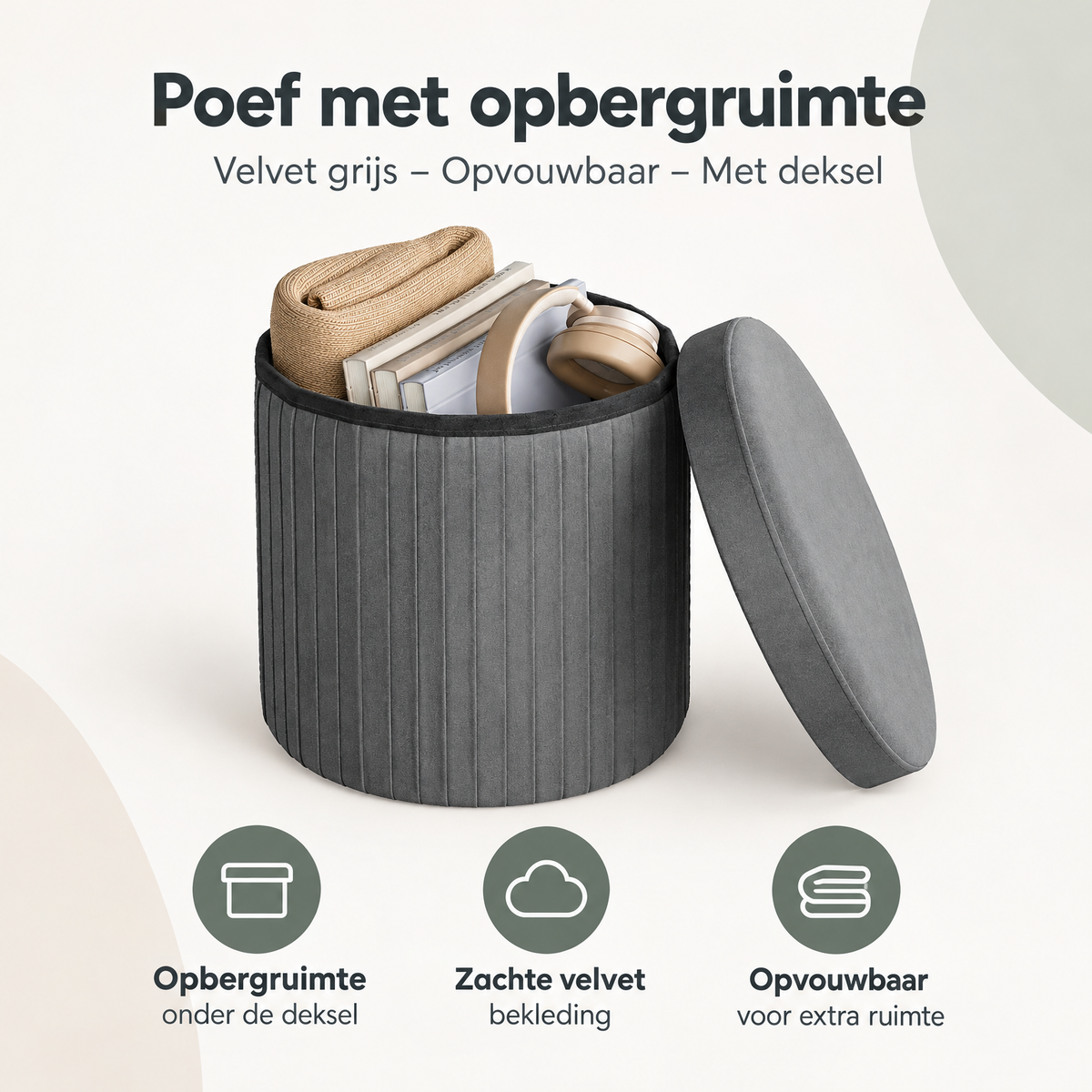 Velvet grijze opbergpoef met deksel van BukkitBow, opvouwbaar en multifunctioneel voor zitplek en opbergruimte.