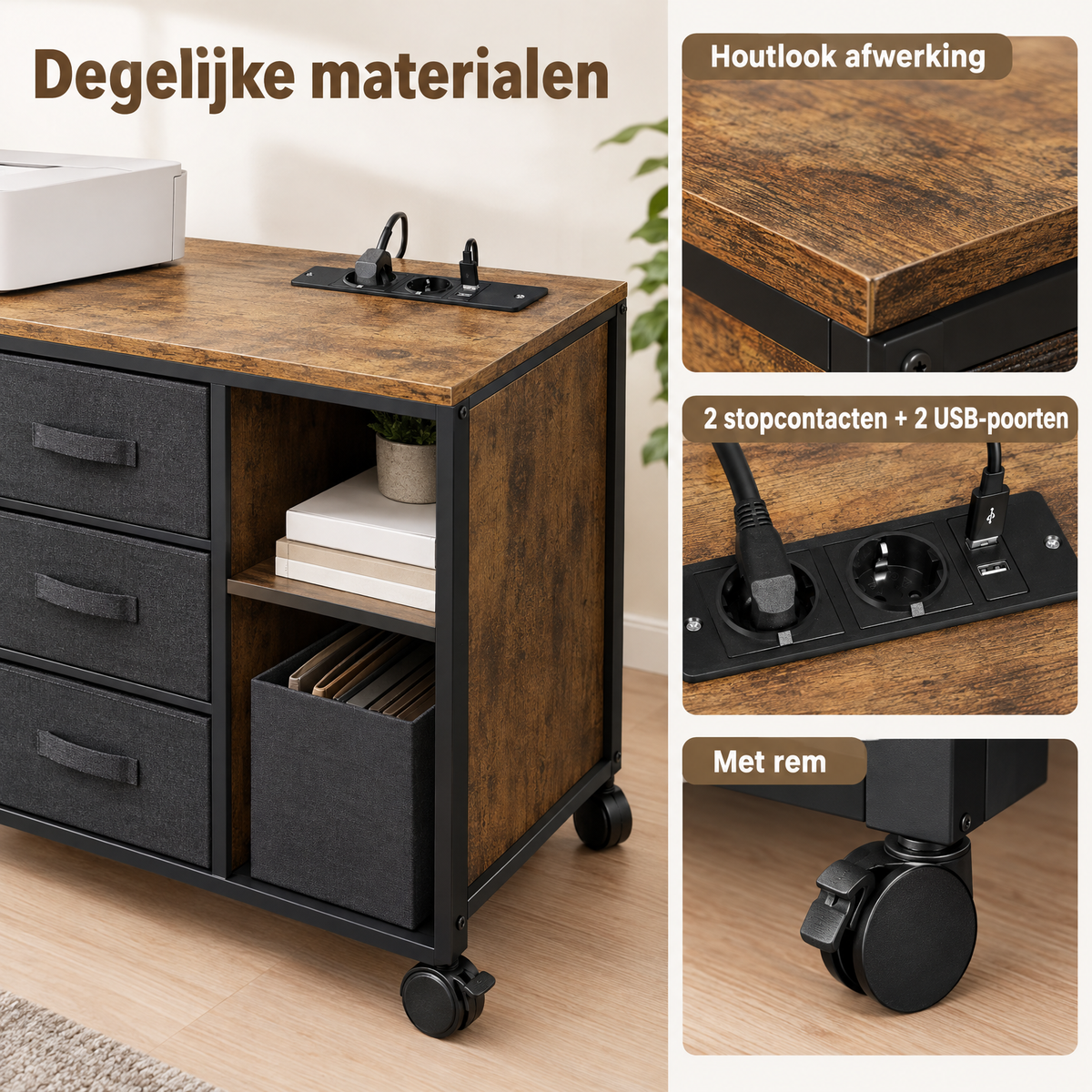 Detail van materiaal en afwerking van printerkast op wielen