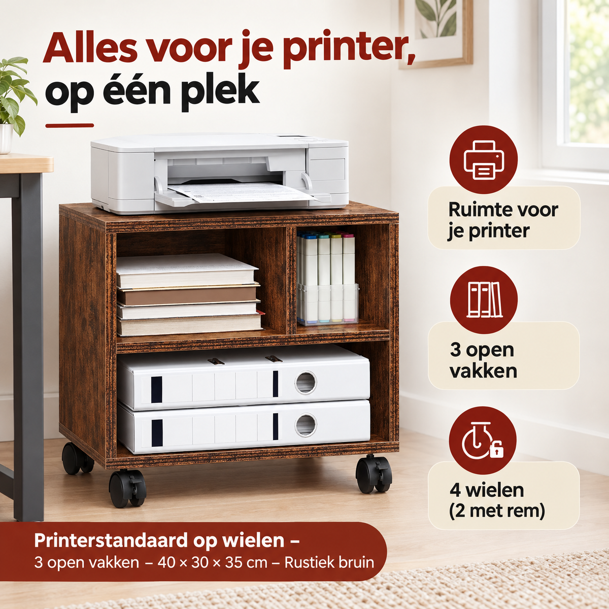 Rustieke bruine printerstandaard op wielen met drie open vakken, 40x30x35 cm, van BukkitBow, praktische opbergoplossing