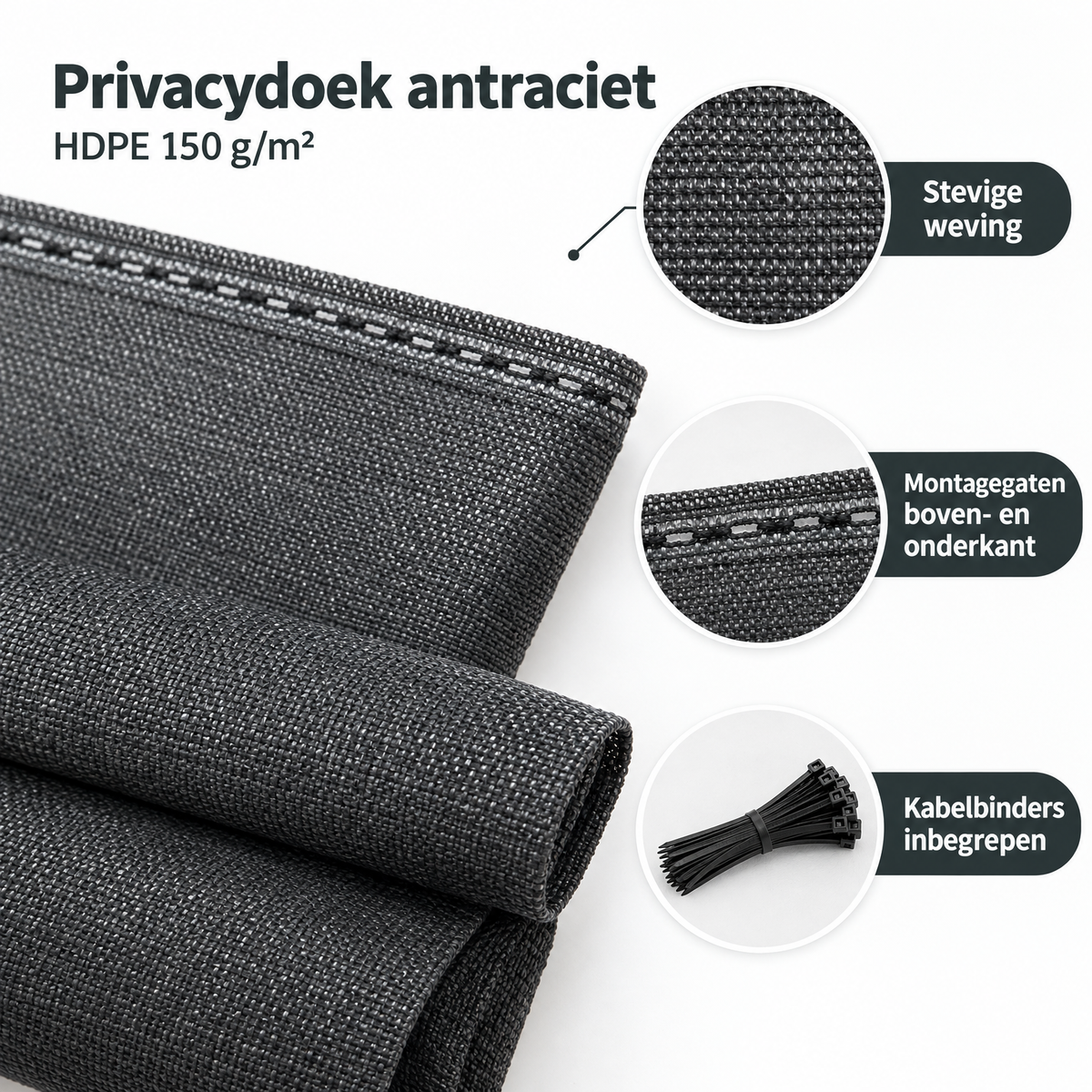 Detail van materiaal en afwerking van privacydoek antraciet