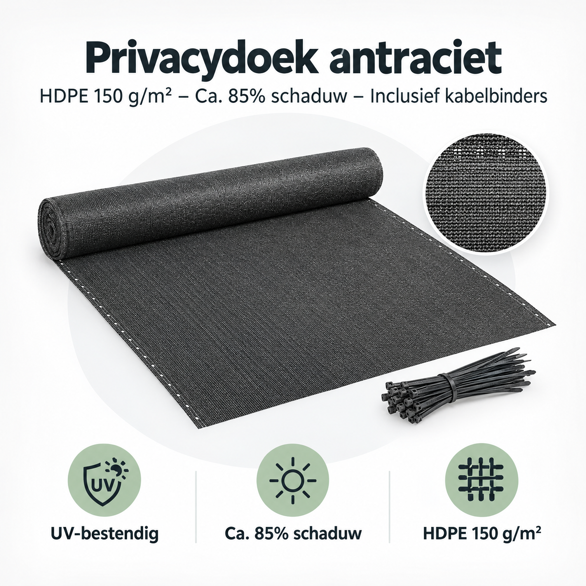 Overzicht van privacydoek antraciet met de belangrijkste productvoordelen