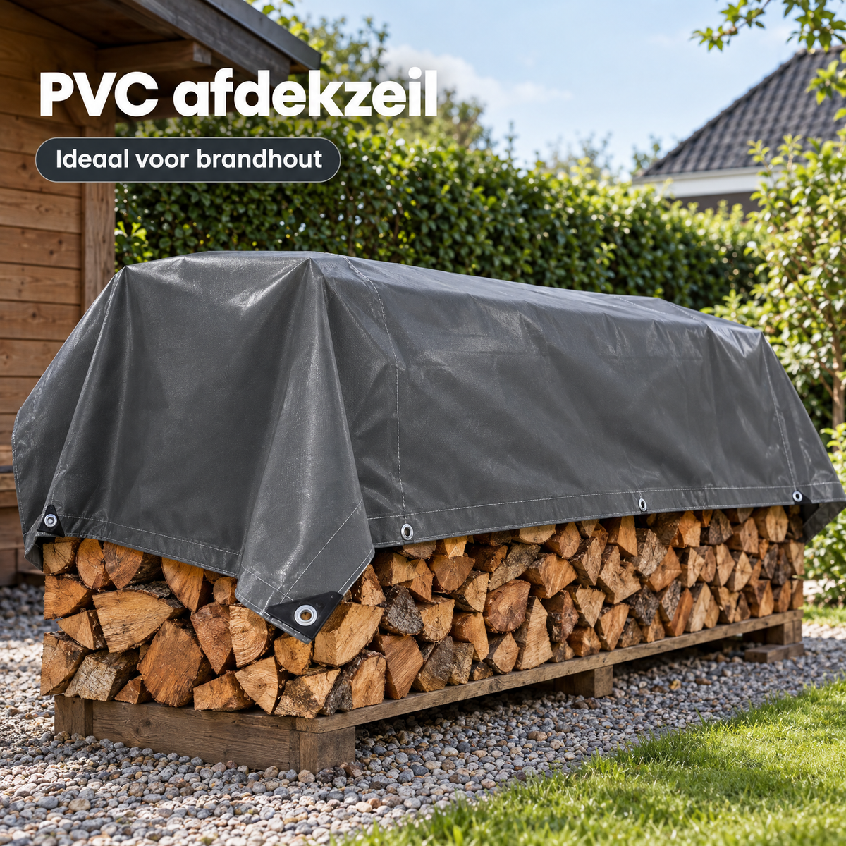 Donkergrijs PVC afdekzeil van BukkitBow met waterdichte en UV-bestendige coating, gegalvaniseerde ogen voor bescherming.