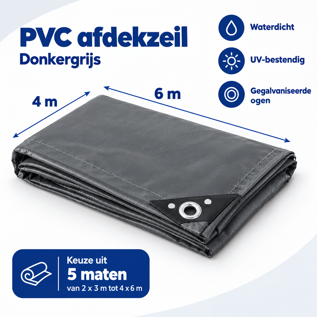 Donkergrijs PVC afdekzeil van BukkitBow, waterdicht en UV-bestendig met gegalvaniseerde ogen voor bescherming.