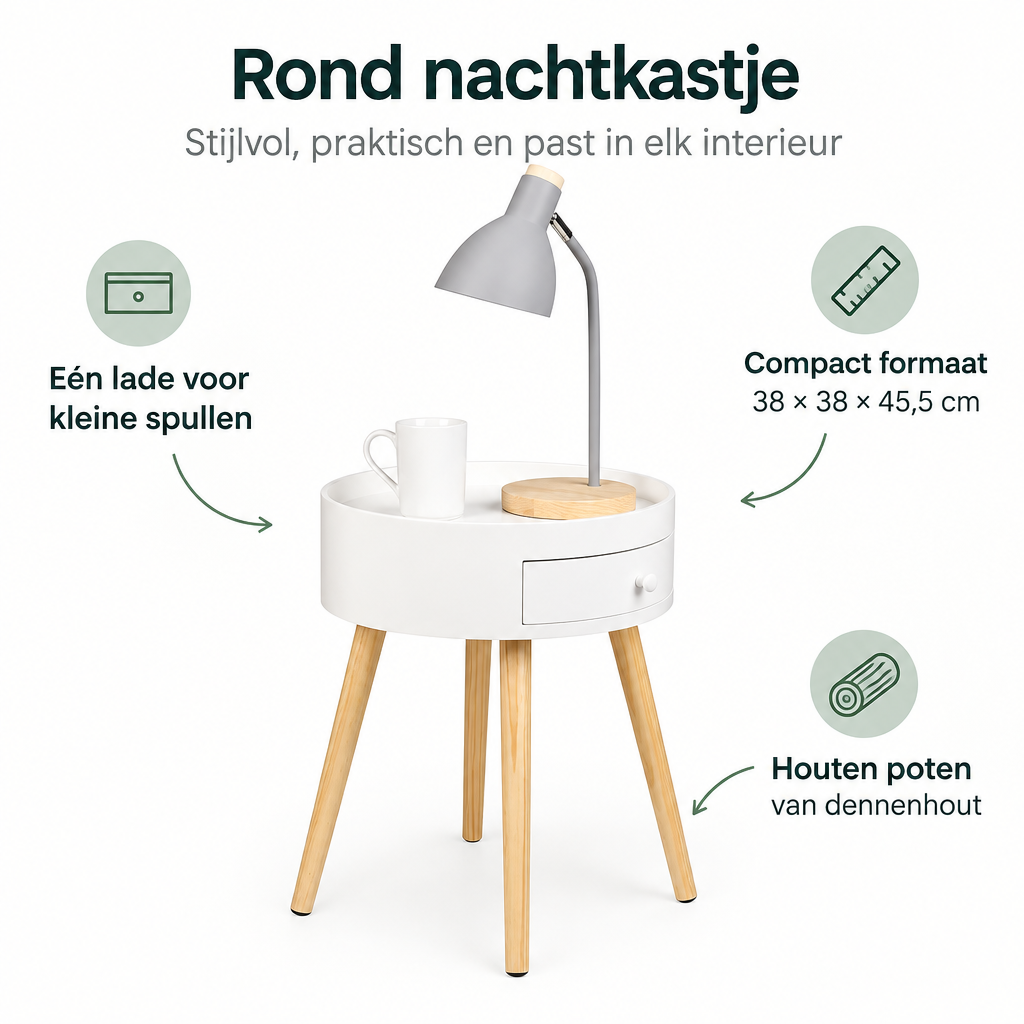 Rond wit nachtkastje van BukkitBow met lade en houten poten, afmetingen 38x38x45,5 cm, elegant en functioneel meubelstuk.