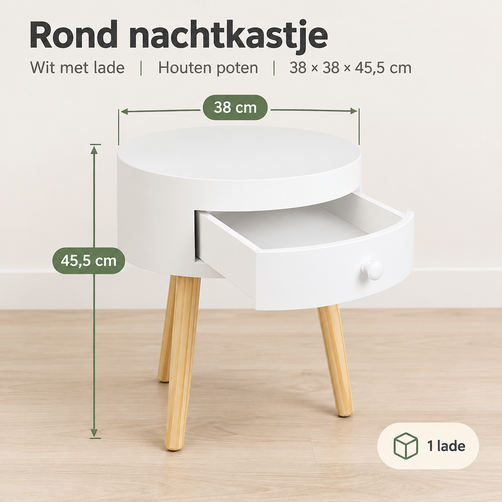 Rond wit nachtkastje van BukkitBow met lade en houten poten, afmetingen 38x38x45,5 cm, modern en functioneel meubelstuk