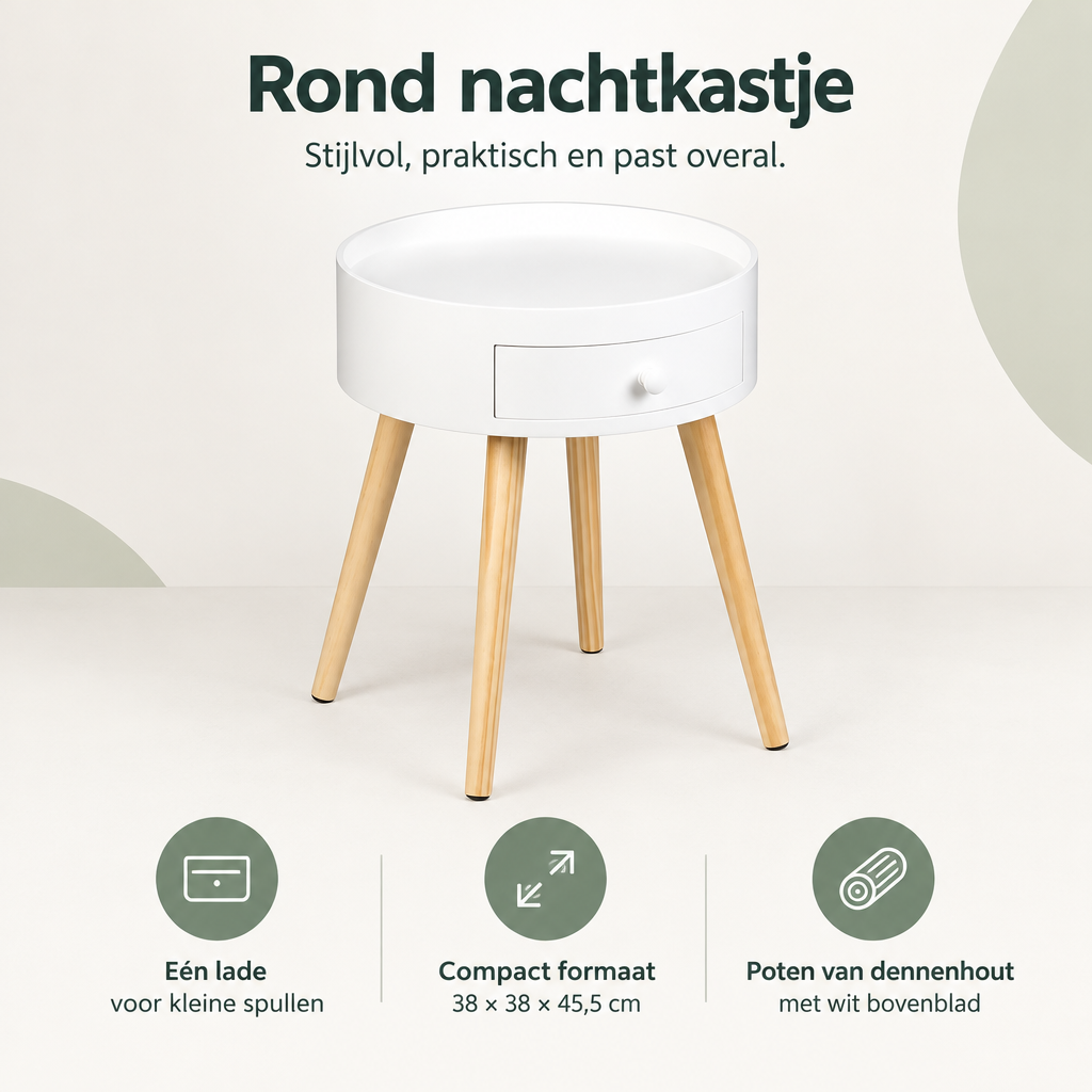 Rond wit nachtkastje met lade, houten poten, compact formaat 38x38x45,5 cm, modern design, BukkitBow.