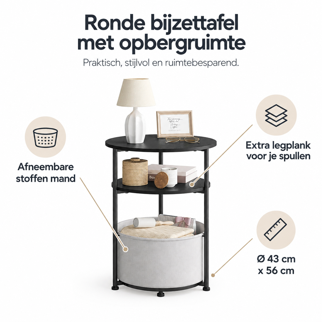 Belangrijkste voordelen en eigenschappen van ronde bijzettafel met opbergruimte