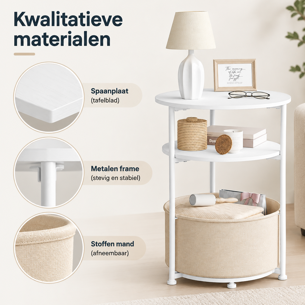Detail van materiaal en afwerking van ronde bijzettafel met opbergruimte