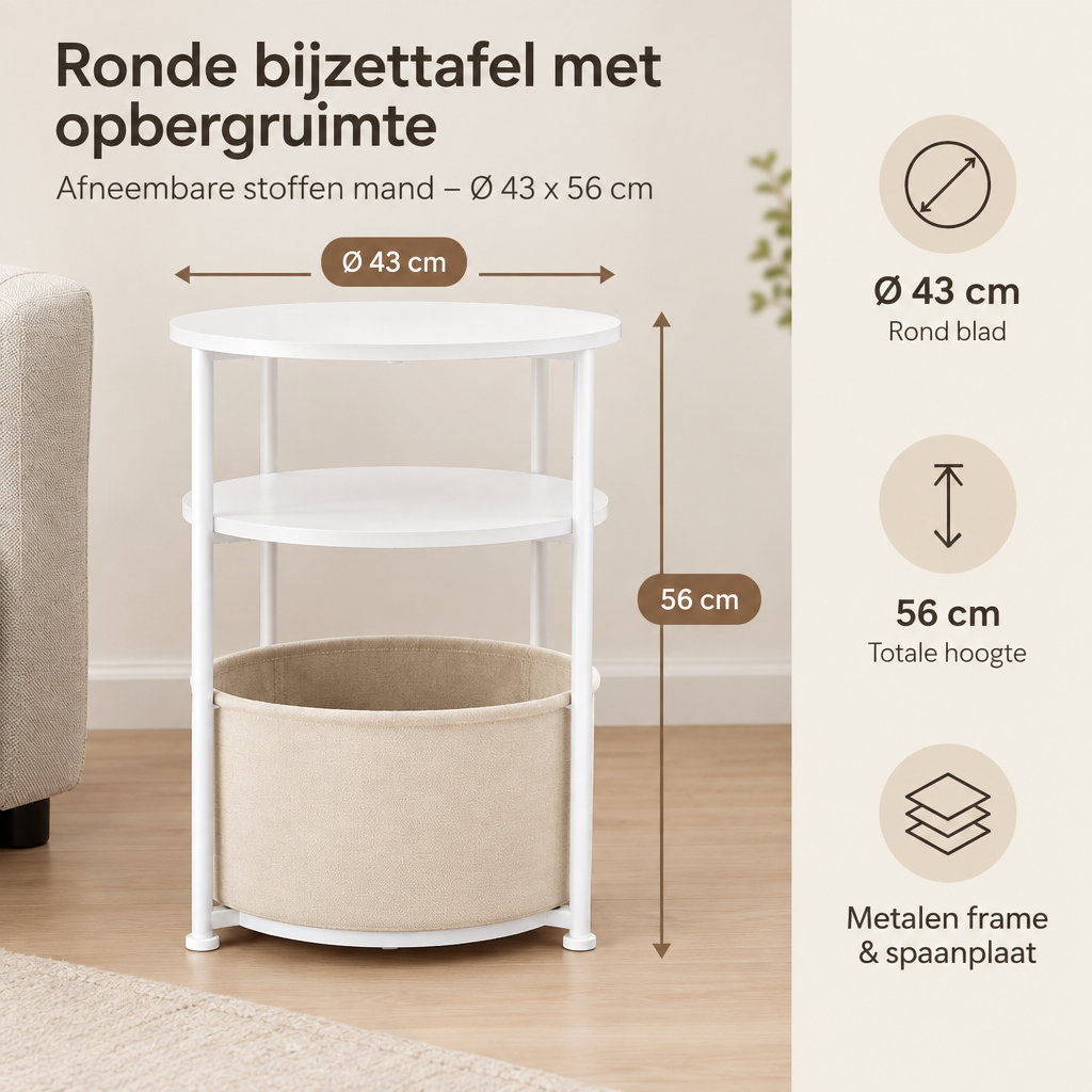 Afmetingen en productspecificaties van ronde bijzettafel met opbergruimte