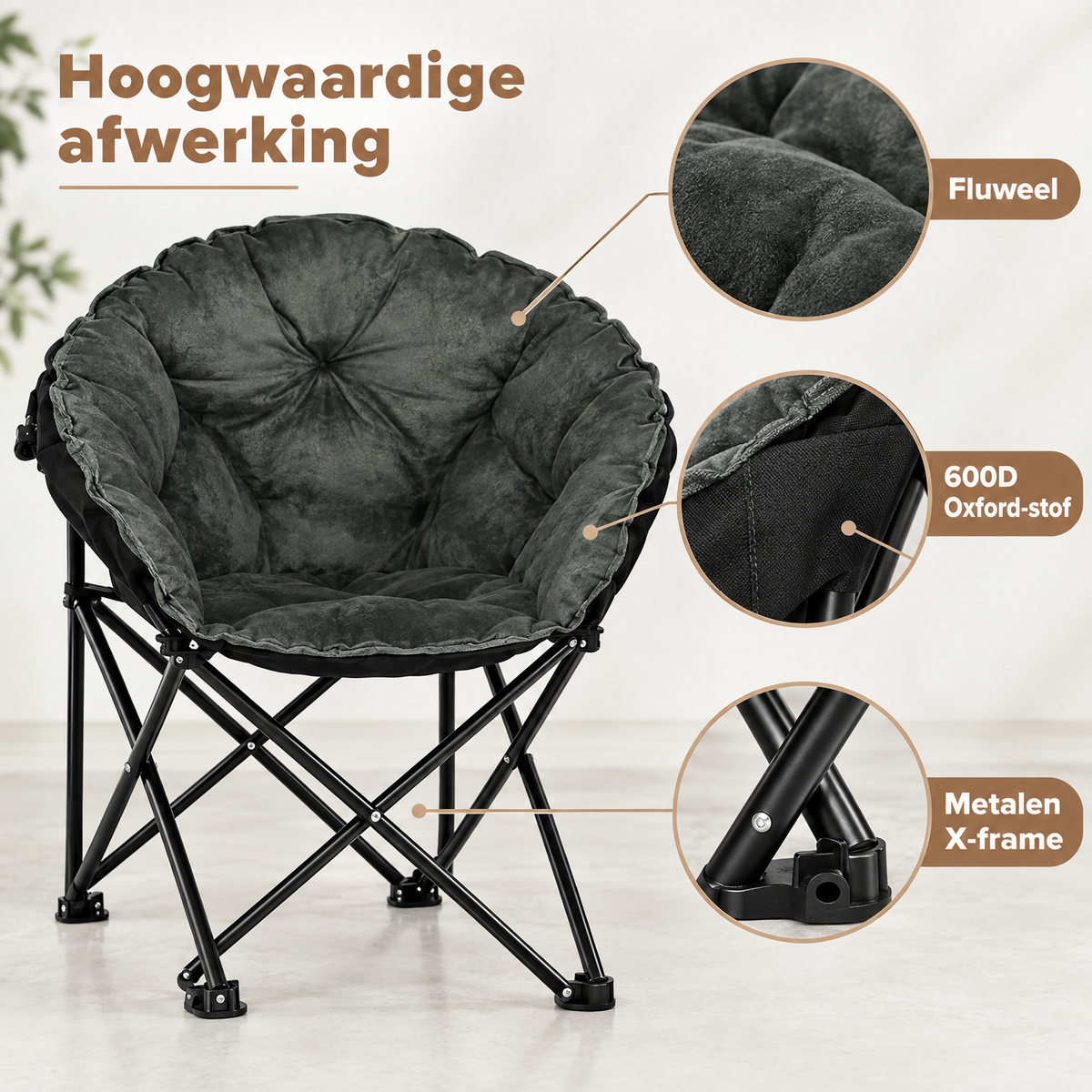 Detail van materiaal en afwerking van ronde campingstoel