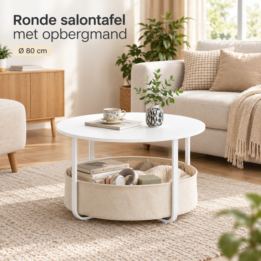 Ronde salontafel met opbergmand van BukkitBow, Ø 80 cm, metalen frame en afneembare canvas mand in een woonkamer setting