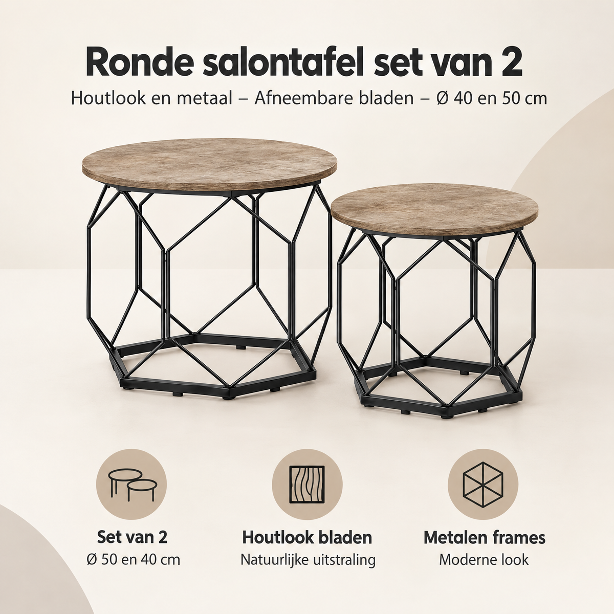 Overzicht van ronde salontafel set van 2 met de belangrijkste productvoordelen