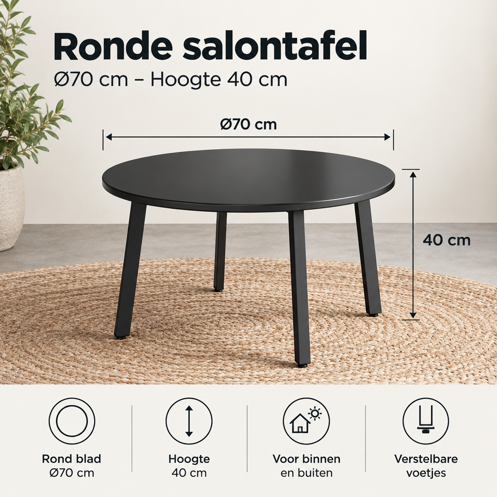 Afmetingen en productspecificaties van ronde salontafel zwart metaal
