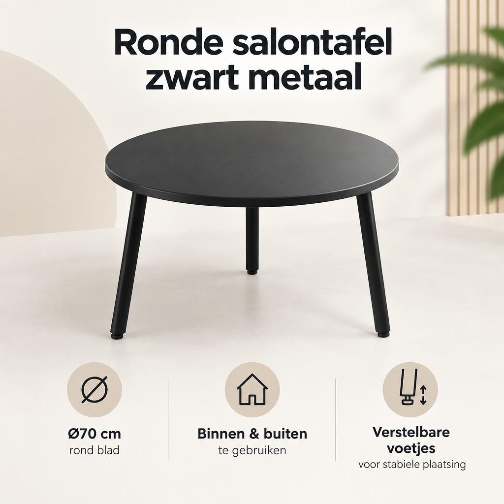 Overzicht van ronde salontafel zwart metaal met de belangrijkste productvoordelen