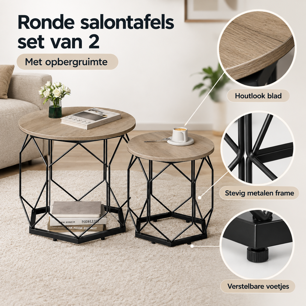 Detail van materiaal en afwerking van ronde salontafels set van 2