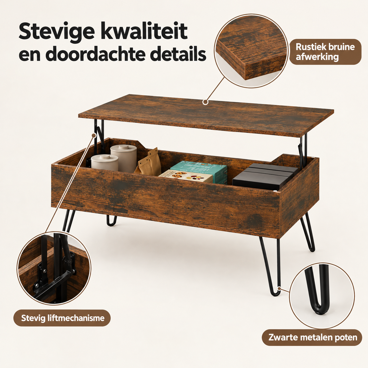 Rustieke bruine salontafel met liftfunctie en verborgen opbergruimte, afmetingen 95 x 50 cm, door BukkitBow.
