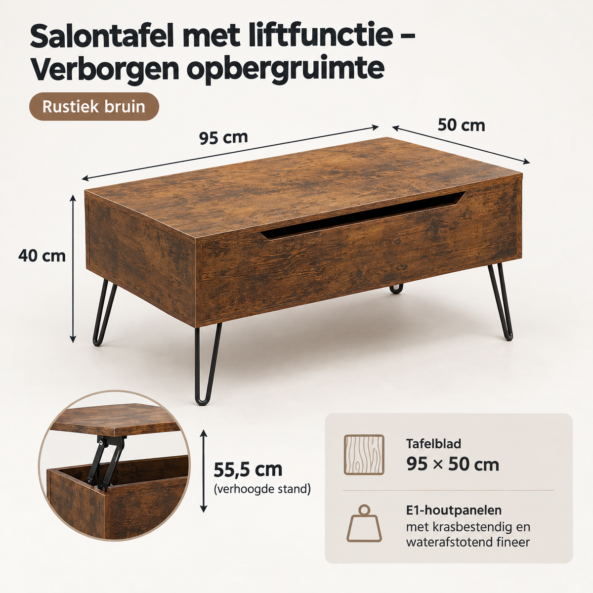 Rustieke bruine salontafel met liftfunctie en verborgen opbergruimte, afmetingen 95 × 50 cm, door BukkitBow.