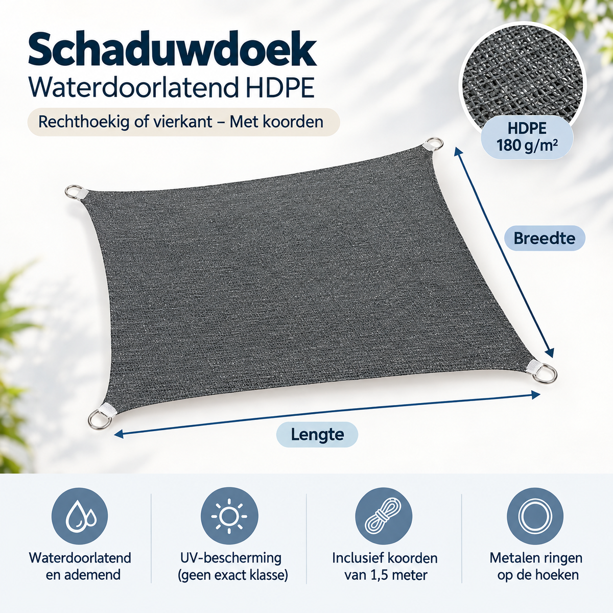 Afmetingen en productspecificaties van schaduwdoek waterdoorlatend