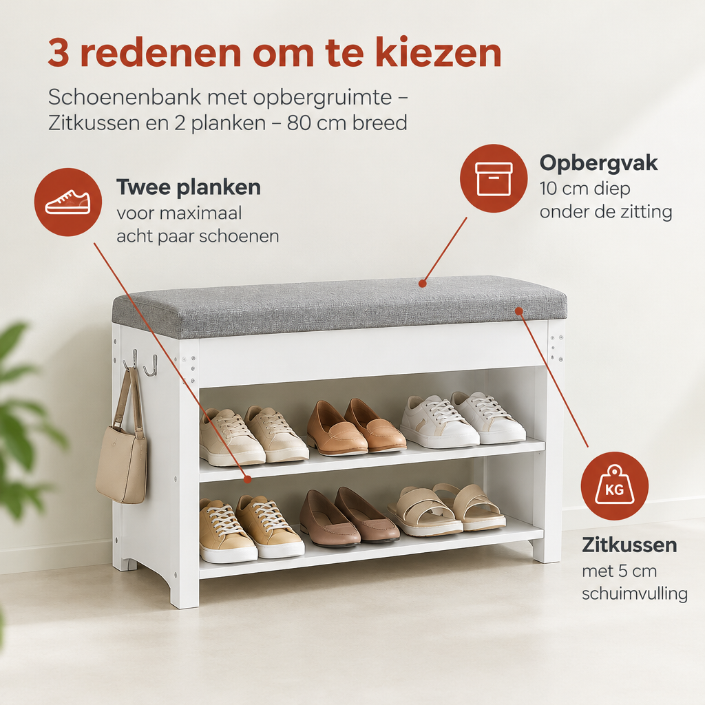 Belangrijkste voordelen en eigenschappen van schoenenbank met opbergruimte