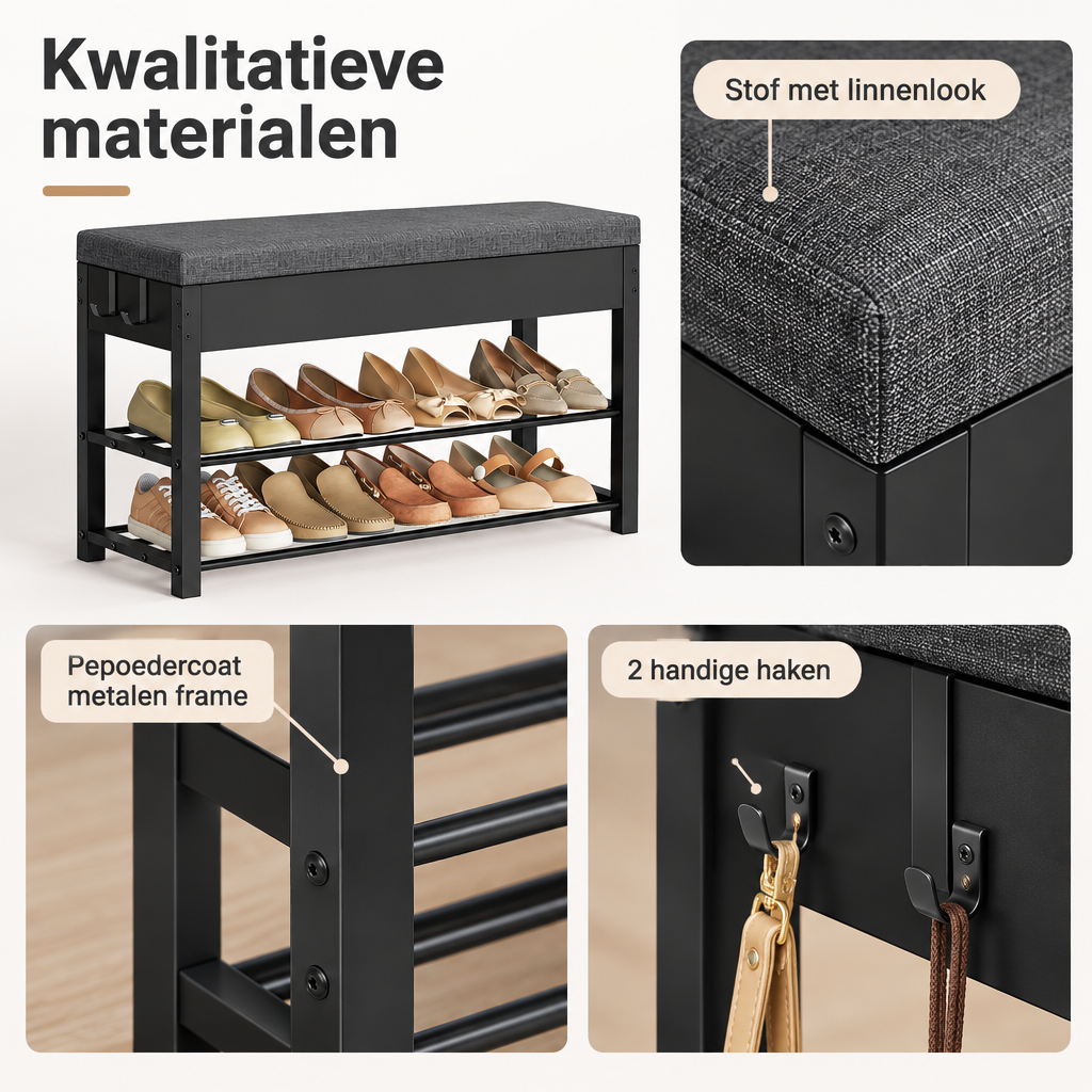 Detail van materiaal en afwerking van schoenenbank met opbergruimte