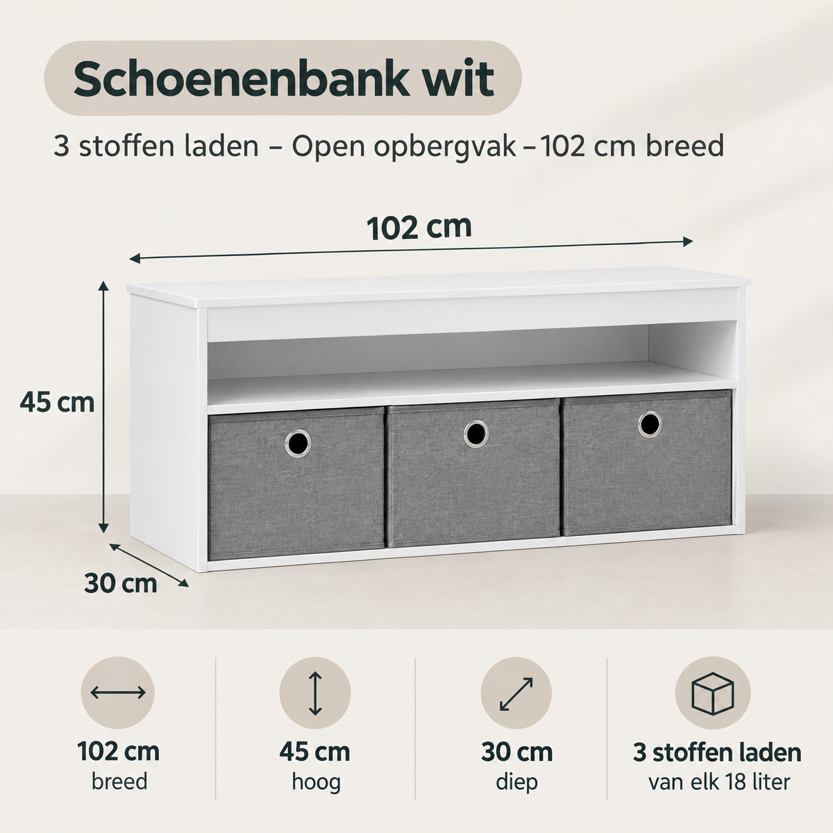 Afmetingen en productspecificaties van schoenenbank wit