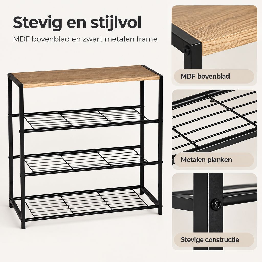 Detail van materiaal en afwerking van schoenenrek met zitbank