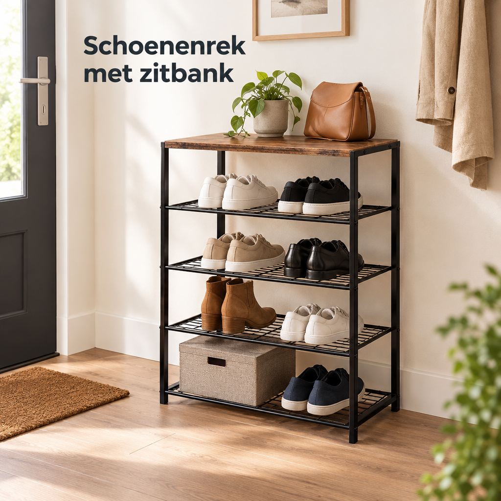 schoenenrek met zitbank in gebruik in een passende praktijksituatie