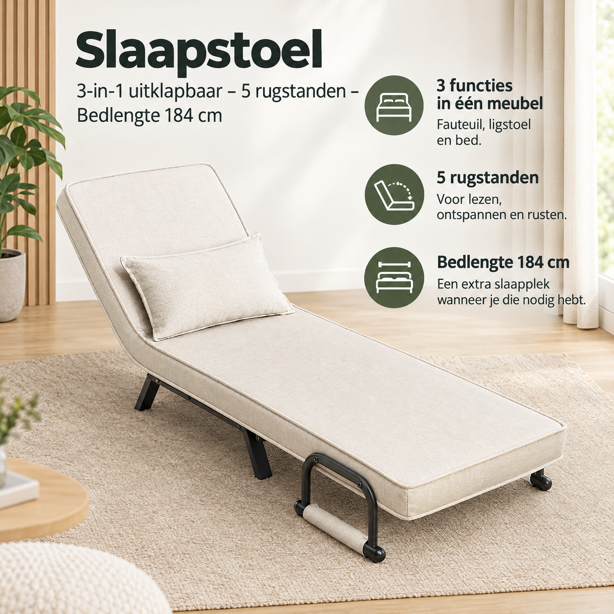 BukkitBow slaapstoel 3-in-1 uitklapbaar met 5 rugstanden en bedlengte 184 cm, geschikt voor comfortabel slapen en relaxen.