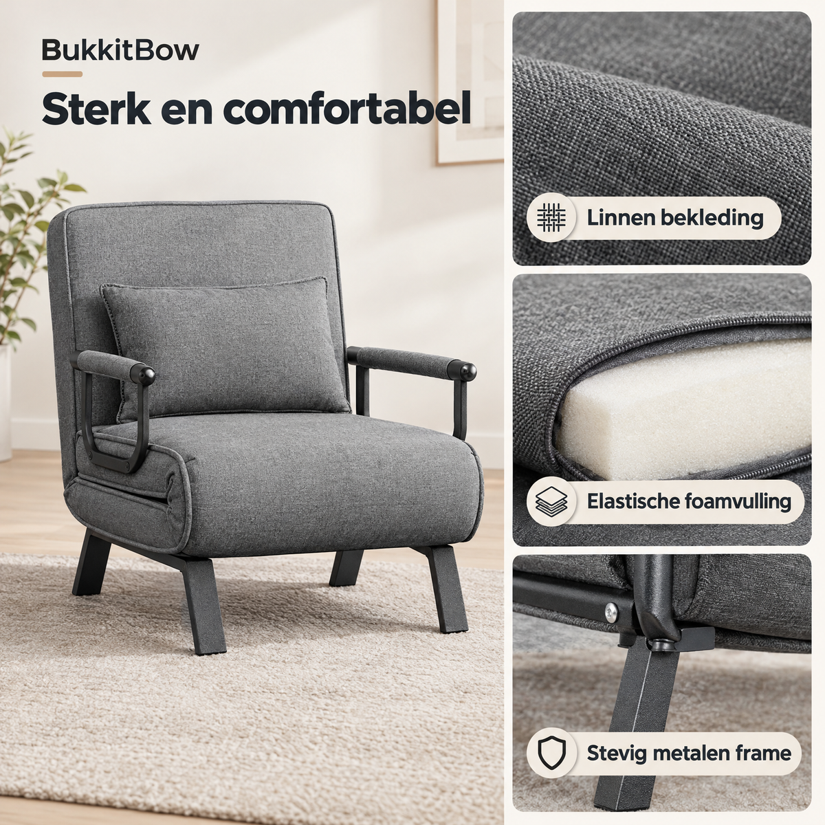 BukkitBow slaapstoel met bedfunctie, 3-in-1, 5 rugstanden en lengte 190 cm, detail van het materiaal en ontwerp.